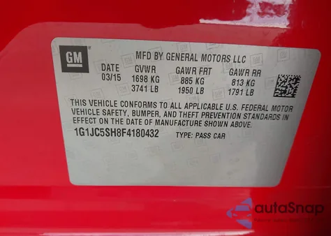 2015 Chevrolet Sonic Lt Auto z USA, uszkodzony, nr VIN 1G1JC5SH8F4180432